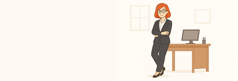 Banner image of a professional woman. She is wearing a charcoal pantsuit with a white blouse. She has red, shoulder-length hair, and is wearing square framed glasses. she's casually leaning against a desk with her arms folder. This is a header image for Shannon L. Cate's HR Consultant website. 