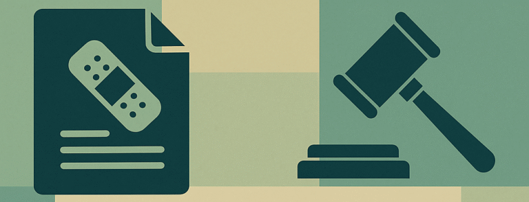 Green, turquoise and cream image of a document with a bandaid on it and a gavel.